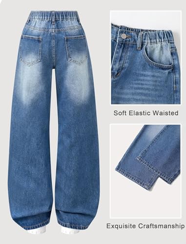 Image of Jeans for Girls Baggy Wide Leg Cute Bow High Elastic Waisted Denim Pants Y2K Boyfriend Skater Streetwear 7-14Y