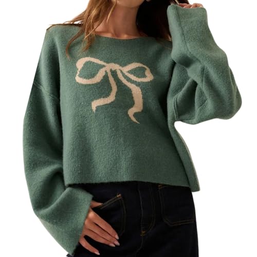 Image of Women Cute Bow Knit Sweater Y2k Long Sleeve Crew Neck Knitted Pullover Top Oversized Going Out Fall Winter Knitwear