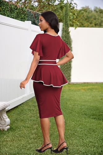 Image of Women's Vintage Bodycon Church Ruffle Sleeve Ruched Dresses Work Midi Pencil Dress