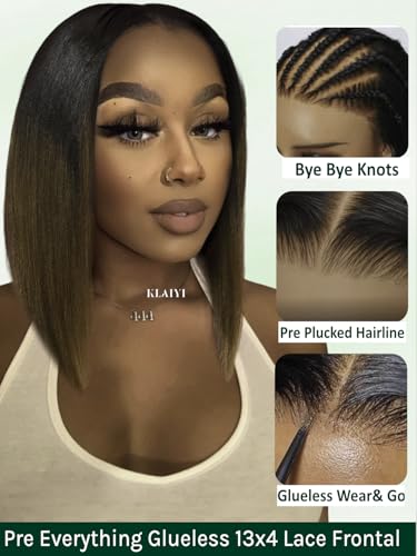 Image of KLAIYI Ombre Brown Yaki Straight Bob Wig Human Hair Glueless 13x4 Precut HD Lace Front Wigs Drawstring Bye Bye Knots Pre Plucked Bleached Pre Everything Wear and Go Wig with Dark Roots Chestnut 14Inch