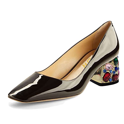 YDN Women Square Toe Slip on Pumps Rhinestone Studded Block Low Heels Dance Prom Dress Shoes Size 4-15 US