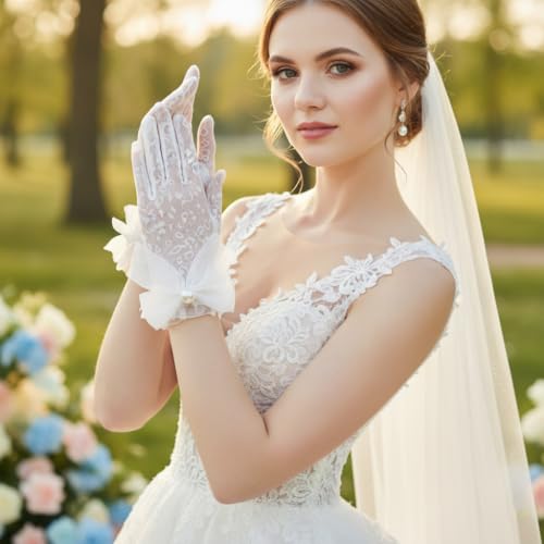 Image of PATPAT Bridal Wedding White Gloves for Women with Pearl, Elegant Lace Gloves for Women Princess Glove for Bride, Cosplay & Formal Events Banquet Stage Performance Accessories