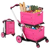 Collapsible Shopping Cart with Wheels, 200 lbs Capacity Grocery Cart on Wheels with Storage Crate, Platform Hand Truck with Foot Brake Pink