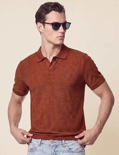 Image of DAMENSCH Men Striped Texture, Cotton-Rich Comfort, Easy Regular fit, Solid Colours Striped Polos