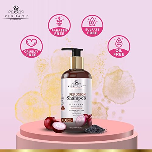 Image of Red Onion Shampoo for Hair Growth | With Black Seed Oil Extract, Keratin & Pro-Vitamin B5 | Onion Shampoo for Hair Fall Control | Onion Shampoo for Hair Fall | Anti Fall Hair Shampoo for Women & Men | Red Onion Hair Shampoo - No Parabens, Sulphates, Silicones - 300 ml