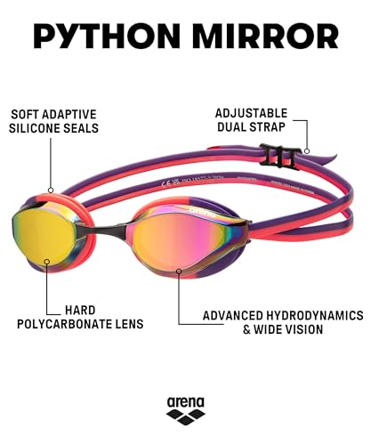 Image of ARENA Unisex Python Racing Swim Goggles for Men and Women Anti-Fog No Leak Max Comfort Dual Strap, Mirror /Non-Mirror Lens