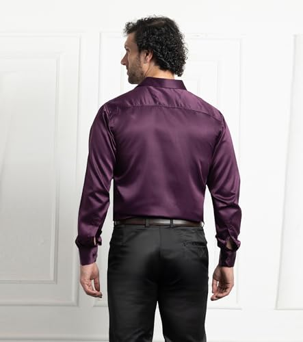 Image of CVC Men's Satin Regular Fit Formal Full Sleeve Solid Wine Shirt for Office, Party Premium Poly Satin Silk with Collar for Men - Size XXL