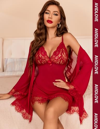Avidlove Babydoll Conjunto de lingerie feminina quimono de renda para dia dos namorados, lingerie de