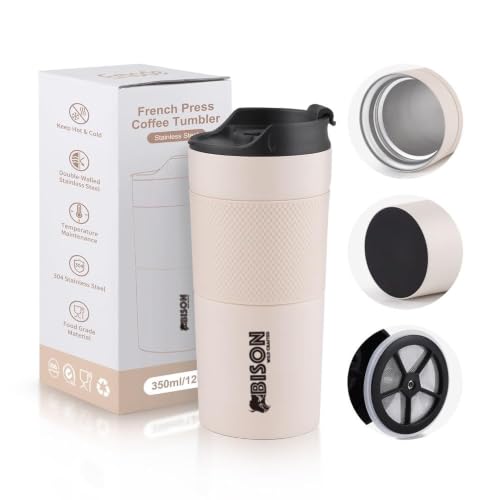Image of Travel French Press Coffee Maker Cum Travel Coffee Mug With Sipper Lid, Vacuum Insulated coffee mug Stainless Steel, 450 Ml, Beige