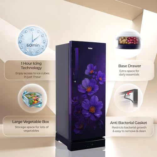 Image of Haier 215 L 5 Star Direct Cool Inverter Single Door Refrigerator with Fast Ice Making, Easy Clean Back, Large Vegetable Box (HED-225PXBA-P, Purple Xsenia, Base Stand Drawer, 2026 Model)