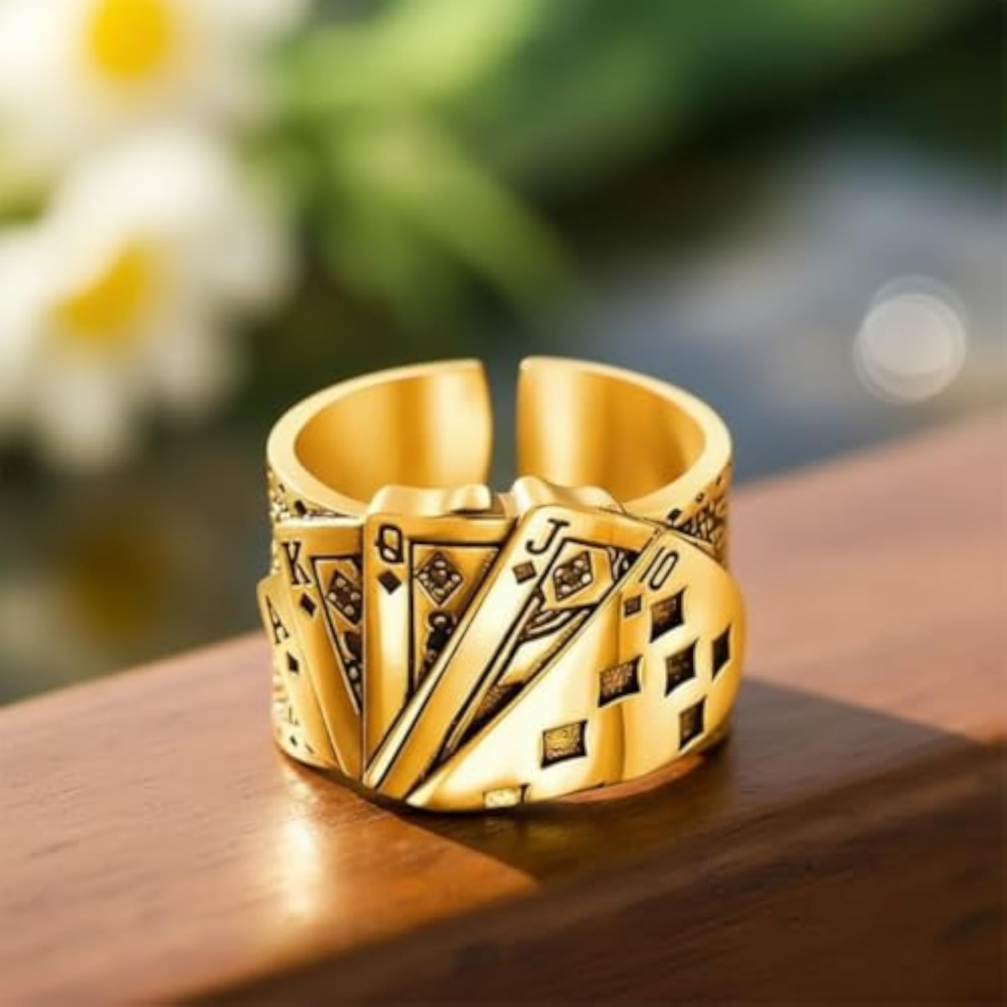 Playing Cards Adjustable Ring, Stainless Steel Gold Tone, Unisex
