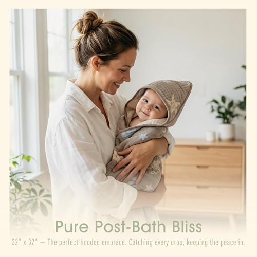 Image of Ultra-Soft Muslin Baby Hooded Towel - 32 x 32 Inches, Ideal for Bath & Beach, Suitable for Both Boys & Girls from Newborns to Toddlers(Ocean Coffee