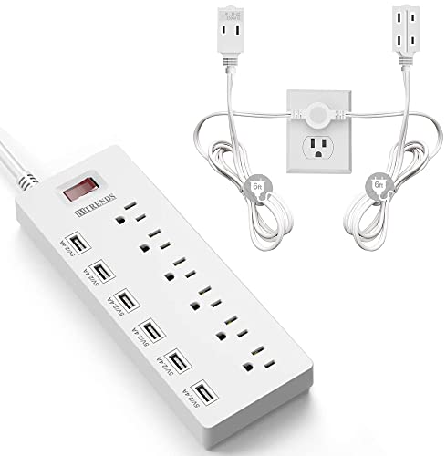 Power Strip Surge Protector With 6 Ac Outlets & 6 Usb Charging Ports & Twin Extension Cord Power Strip - 12 Feet Cord - 6 Feet On Each Side #TOP20