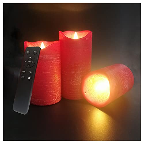 Image of iZAN 3 Pack Real Wax Flameless Candles Battery Operated LED Pillar Flickering Realistic Electric Candle Gift Sets with Remote Control and Cycling 24 Hours Timer for Home Decor 3 inchD X 4 inch 5 inch 6 inch H (Red)