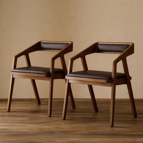 Image of Solid Sheesham Wood Cafe Arm Chair, Walnut + Chocolate Upholstered Seat, Modern Wooden Accent Chair, Set of 2