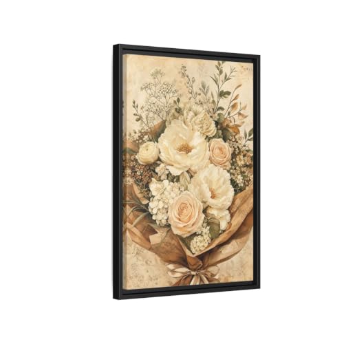 Toile florale bouquet crème encadrée : tableau haut de gamme 40x60 cm