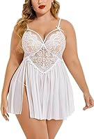 ROUXOUS Plus Size Lingerie Lace Babydoll Womens Strap Chemise Nightgown V Neck Nighty Mesh Sleepwear Side Slit Nightdress (2XL, White)