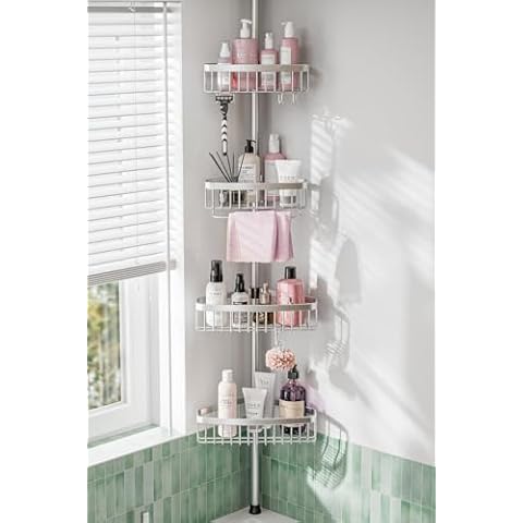 ESSEME Corner Shower Caddy Tension Pole: Adjustable Rustproof 4-Tier Inside Bathroom Organizer - 47-121 inch Quick Installation Bathtub Shelves for Shampoo Storage - Rod Floor Standing Bath Rack Cover