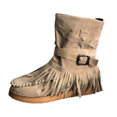 Bcshiye Tassel Boots for Women Moccasin Suede Ankle Booties Winter Round Toe Vintage Buckle Strap Mid-Calf Flat Shoes2