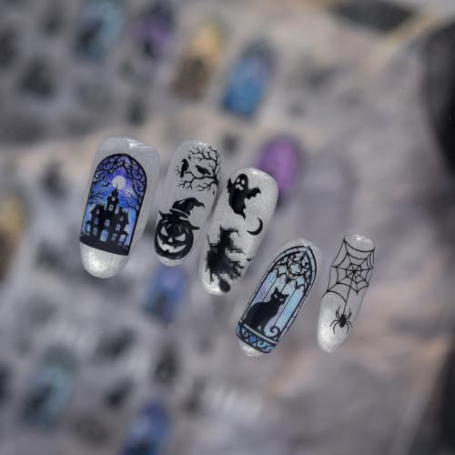 Image of Halloween Nail Stickers Black Cat Castle Nail Art Decal Frame Decorations