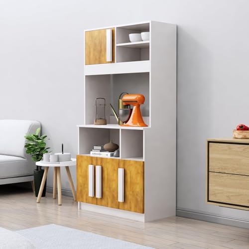 Image of Bniture Multipurpose Kitchen Cabinet | Engineered Wood Crockery Cabinet Modern with 4 Doors & Shelves | Crockery Unit for Dining Area | Kitchen Crockery Cabinet for Home | Frosty White & Giant Wood