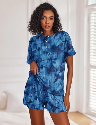 Image of Ekouaer Pajamas Set for Women Short Sleeve Lounge Set 2 Piece Loungewear PJs Soft Cute Lightweight Sleepwear