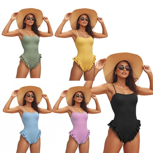 MXVPY Womens Cute One Piece Swimsuit Fashion Ruffled Monokini Swimwear-Solid High Cut Tummy Control Adjustable Straps3