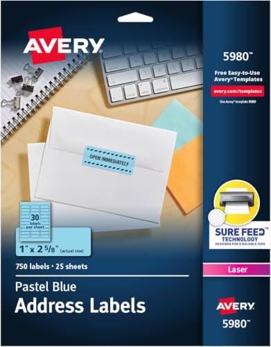 Image of Avery Printable Address Labels with Sure Feed, 1 inch x 2-5 /8 inch, Pastel Blue, 750 Blank Mailing Labels (5980) (Pack of 5)