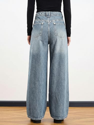 Image of EMMIOL Women Hip Hop 90s Vintage Baggy Jeans Denim Pants Mid Waist Jeans