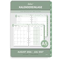 Indeme Wochenplaner 2026 2027 Einlage A5, 1 Woche 2 Seiten mit Tabs, Monatliche Seite 14x21cm, Kalendereinlagen 6 Löcher, Doppelfarbiges Design