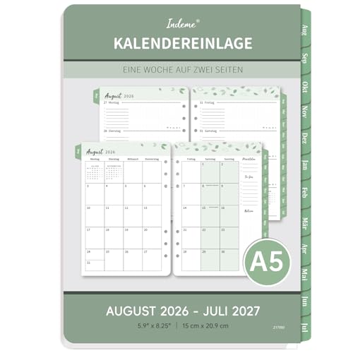 Indeme Wochenplaner 2026 2027 Einlage A5, 1 Woche 2 Seiten mit Tabs, Monatliche Seite 14x21cm, Kalendereinlagen 6 Löcher, Doppelfarbiges Design