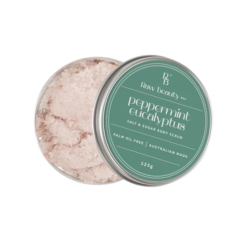 Raw Beauty 125g Peppermint Eucalyptus Salt + Sugar Scrub | Natural Energising Body Polish for Smooth Skin | Body Exfoliator