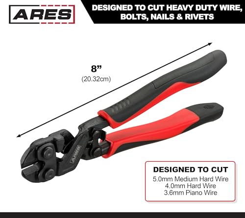 Image of ARES 70664-8-Inch Mini Bolt Cutter - Chrome Moly Steel Construction & Induction Hardened Cutting Edges - Designed for Heavy Duty Wire, Bolt, Nail & Rivet Cutting