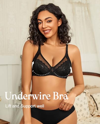 Image of Avidlove Womens Lace Bras Sexy Underwire Unlined Bra V Neck Mesh Everyday Bra Lingeries No Padded