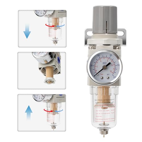 LNCHKA Pneumatic Air Compressor Filter Regulator Combo 1/4" NPT 150 PSI w/Adjustable Gauge-Water Separator,Metal Bracket,Manual Drain,5 Micron Brass Cartridge