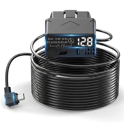 OBD2 to Micro Dash Cam Power Cable with Acc Detection, LED Digital Voltmeter, 3-Level Low Voltage Protection & Auto Shut-Off Modes, 5V/3A Output, 3.5M Plug & Play Hardwire Kit Cables & Accessories