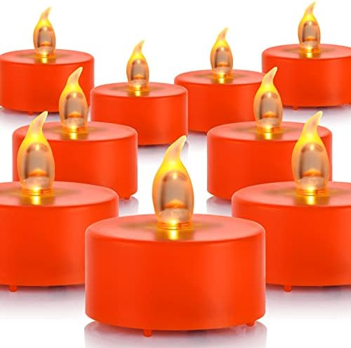 Battery Operated LED Tea Lights Candles 12 Pack Flickering Flameless Electric Votive Candles for Christmas Decorations Holiday Party Wedding Birthday Halloween Gifts Home Decor (Orange)