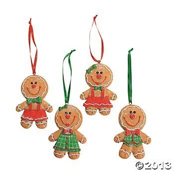 Set of 4 ADORABLE Big Head GINGERBREAD Man/Boy/Girl Cookie CHRISTMAS Tree ORNAMENTS/GLITTERY Resin 3.5