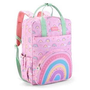 mommore Kids Backpack Girls, Durable Large Toddler Bookbag with Double Handles, Water Resistant Rainbow Backpack with Chest Strap for Preschool Kindergarten Travel