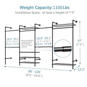 Timate F4 Wall Mounted Clothes Rack Industrial Pipe Clothing Rack for Hanging Clothes Expandable Garment Rack Heavy Duty Wardrobe Closet Organizer and Storage Black Adjustable Industrial Closet Kit