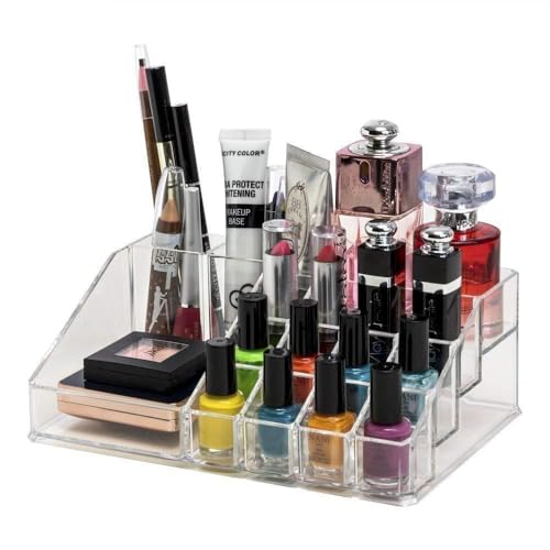Image of Clazkit 16 Grid Makeup Organizer Drawer Desk Multipurpose Plastic Cosmetic Display Stand Brushes Lipstick Pencil Mascara Brush Hair Combs & Jewelry Storage Box Dressing Table Organizer,Transparent