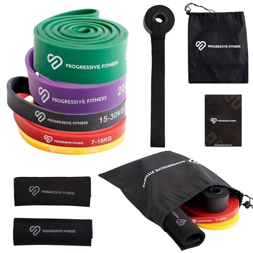 PROGRESSIVE FITNESS Pull Up Resistance Bands Set of 5 (3kg - 60kg) – Pull-Up Assist Bands for Exercise On the Go – Thick, Heavy-Duty Pull-Up Bands – Gym Workout/Strength Training/Stretching