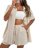 ORANDESIGNE Damen Zweiteiliges Short Set Loungewear Short Und Blusen Kurzarm Sommer Elegant Outfit 2 Teiler Kurz Hosenanzug Festlich Modern Freizeitanzug Stoff Hausanzug Aprikose L