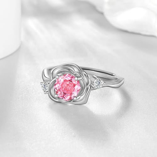 Rose Birthstone Opening Ring - 925 Sterling Silver Rose Cut October Pink Tourmaline Flower Adjustable Ring Anniversary Engagement Promise Ring Birthday Jewelry Gift for Wife Mom Daughter DR0166O — view 2