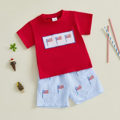 Image of Kayotuas Fourth Of July Toddler Boy Outfit Baby American Flag Clothes Patriotic Shirt Striped Gingham Shorts 2Pcs Summer Sets