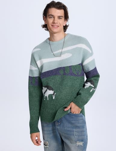 Kissonic Mens Vintage Oversized Sweater Cow Long Sleeve Crew Neck Knitted Grassland Pullover Jumper Unisex Tops3