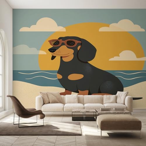 Image of Dachshund Wallpaper Teal, Cartoon Sausage Dog Wall Paper for Bedrooms, Home Decor Photo Wallpaper for Living Room 400x280 Non-Woven Wall Mural W6