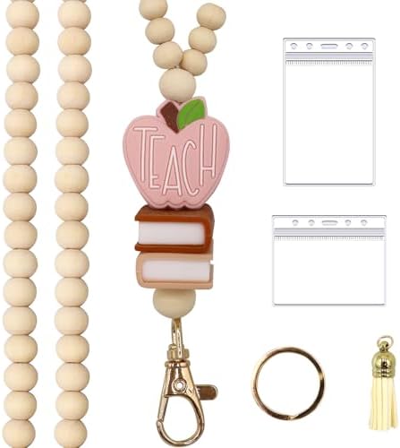 Boho Wood Bead Lanyard For Teachers - Adjustable Keychain With ID Holder & Tassel