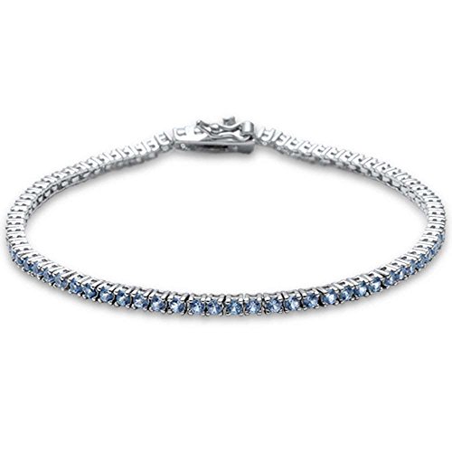 Oxford Diamond Co 2.5MM Round 4 Prong Tennis Aquamarine Cubic Zirconia .925 Sterling Silver Bracelet 7.25