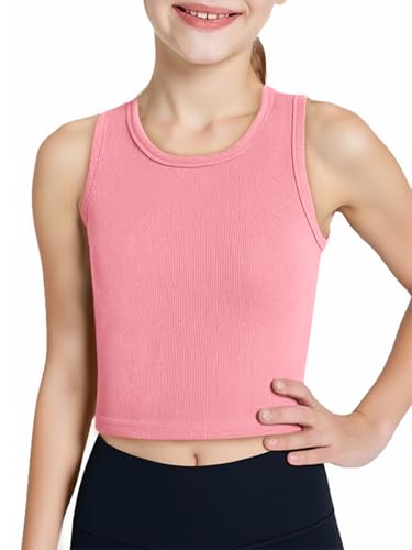 Image of Haloumoning Girls Tank Tops Kids Athletic Ribbed Knit Sleeveless Crop Tops Basic Camisole 5-14 Years